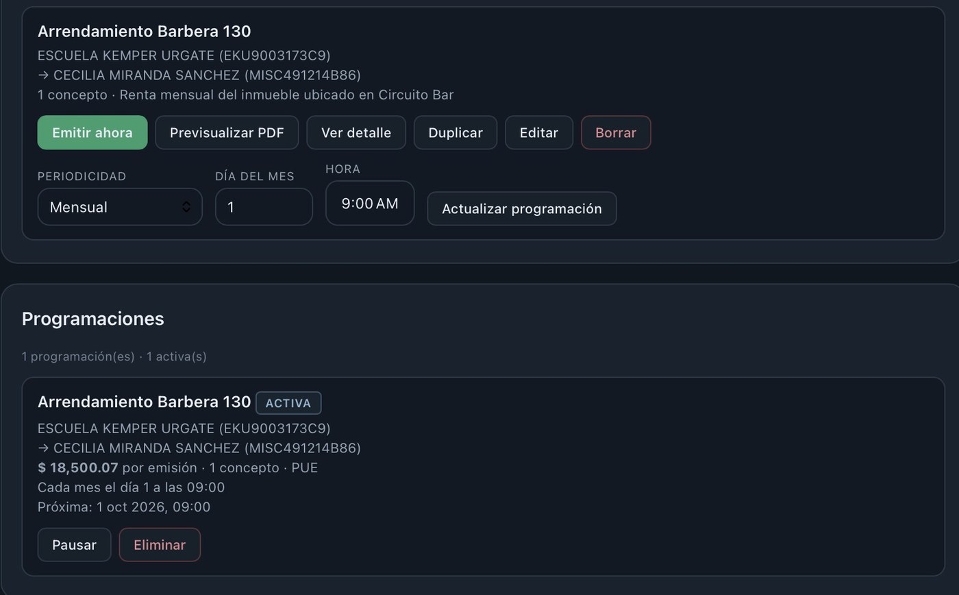 Plantilla de facturación recurrente con periodicidad mensual, día 1 a las 9:00, y su programación activa mostrando la próxima emisión.