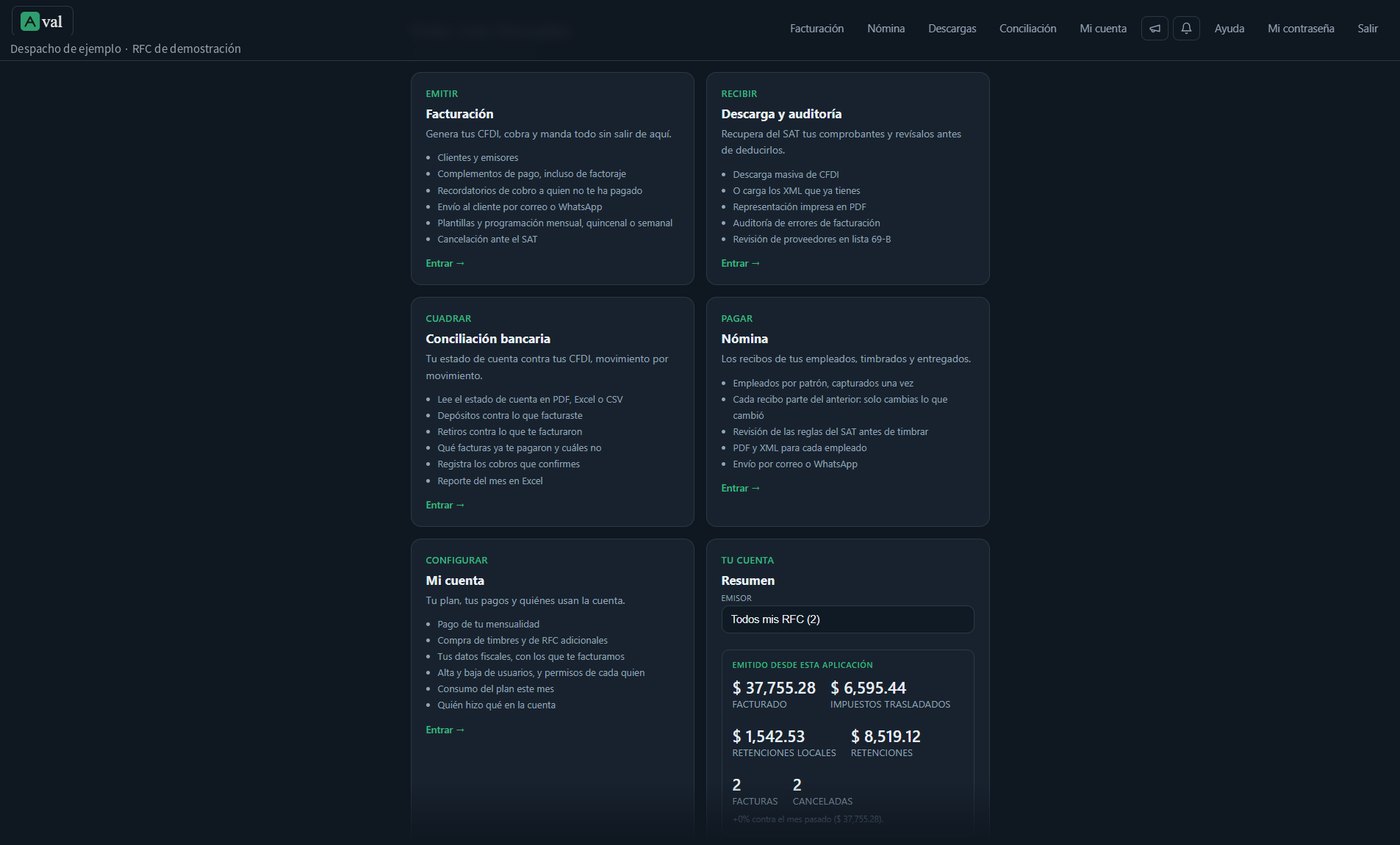 Pantalla de inicio de Aval CFDI con una tarjeta por módulo: Facturación, Descarga y auditoría, Conciliación bancaria, Nómina y Mi cuenta, cada una con lo que incluye, más un resumen con lo facturado, los impuestos trasladados y las retenciones del periodo.